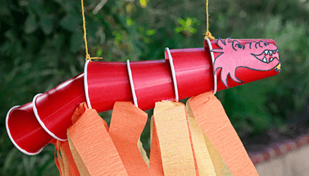 Plastic cups connected together to make a 'dragon' 
