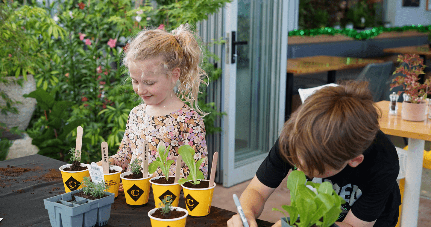 Two kids planting seeds and plants in disposable coffee cups